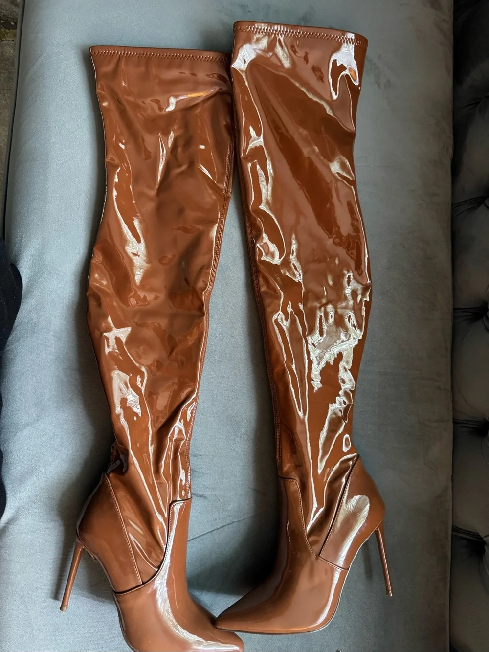 Steve Madden Viktory Cognac Patent Over-the-Knee Stiletto Boot - Brand New